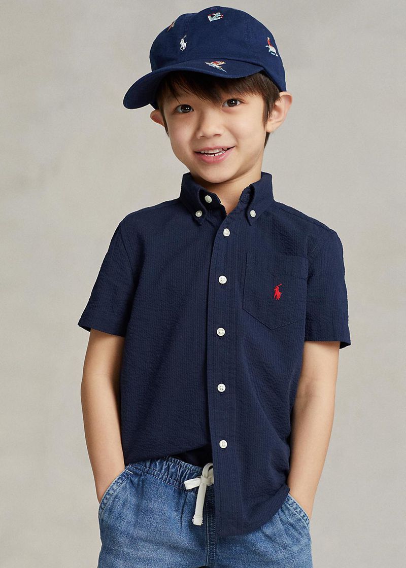 Camisas Ralph Lauren Niño 1.5-6 Años Cotton Seersucker Short-Sleeve Chile Azul Marino KFPYT-9573